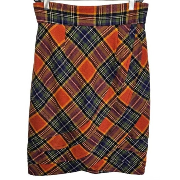 Anthropologie Skirt Womens 6 Orange Plenty Tracy Reese Plaid Pencil Wool Tweed - Picture 2 of 7
